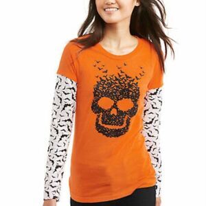 Flying Bats Skull Glitter Faux Layered Look Halloween Tee Orange Sz L NWT